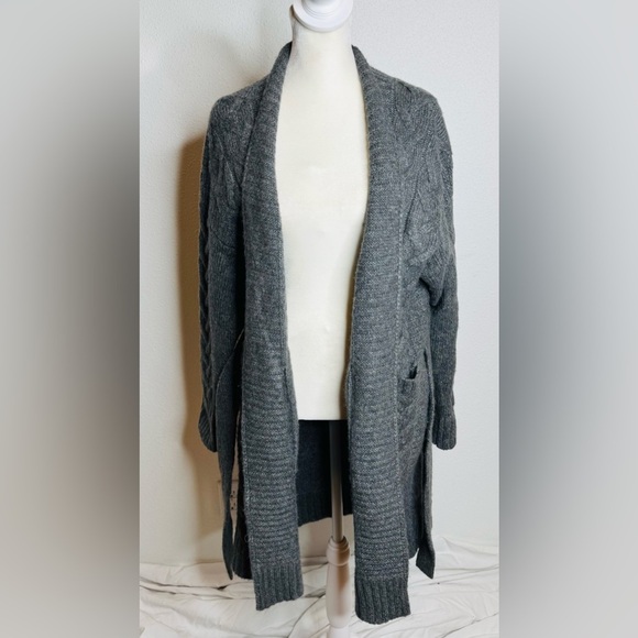 Apricot long shawl cable-knit cardigan with a waist tie. - Picture 2 of 8